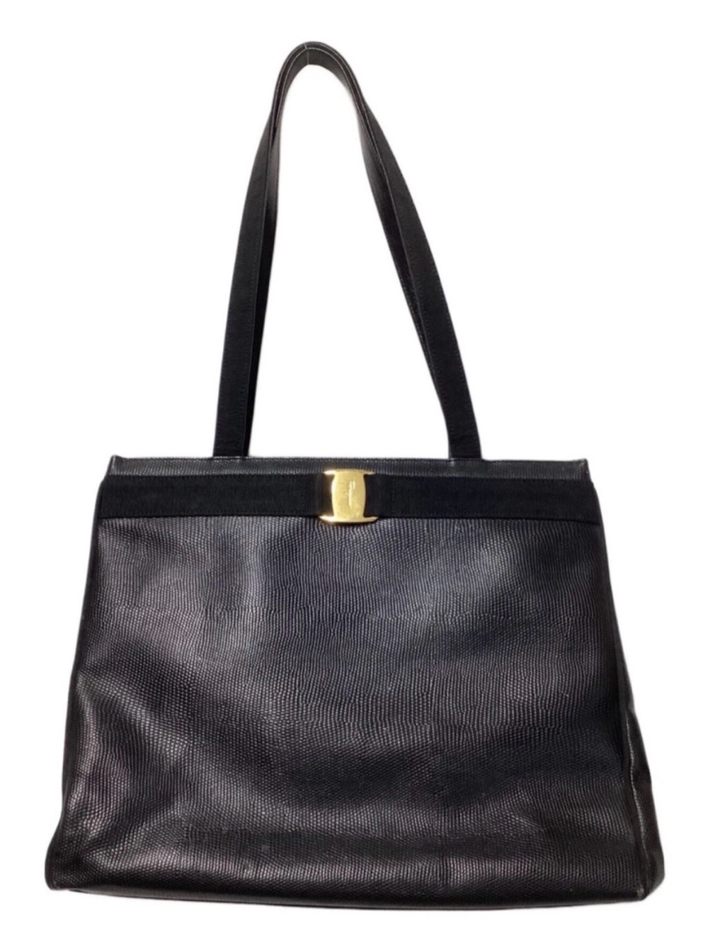 Salvatore Ferragamo Black Lizard-Embossed Tote Shoulder Bag - Imperfect👀 - Picture 3 of 16